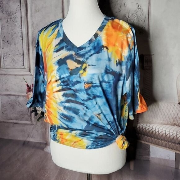 TIE Dye Women's Blue Orange Yellow V-Neck Short Sleeve T-Shirt Top Size Medium - Picture 4 of 10